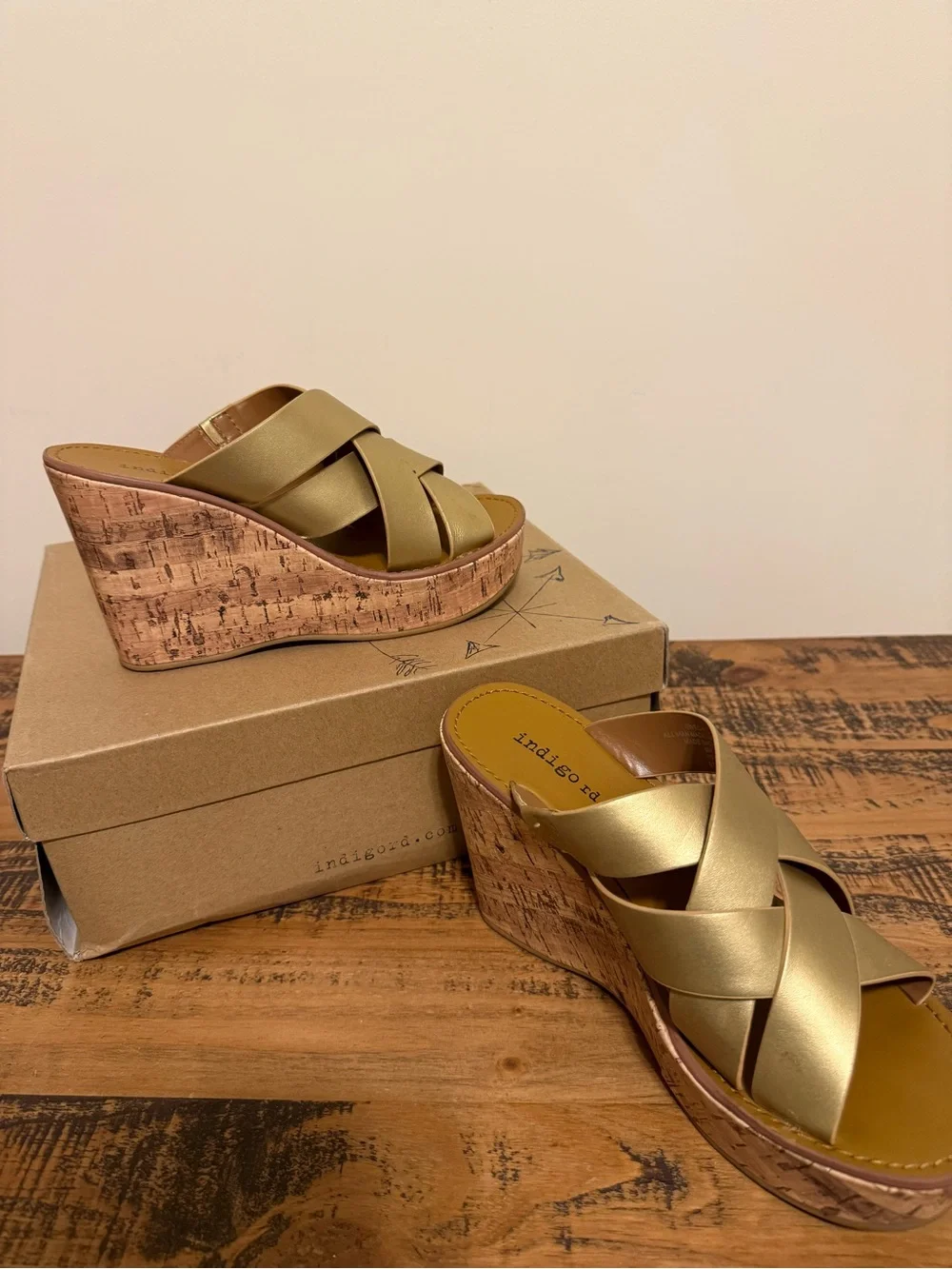 Indigo Metallic Gold Crisscross Cork Wedge Sandals